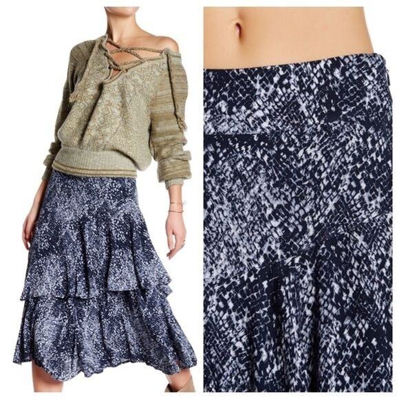Free People Blue Kiss Me Baby Snake Print Tiered Ruffle Midi Skirt - Picture 1 of 10